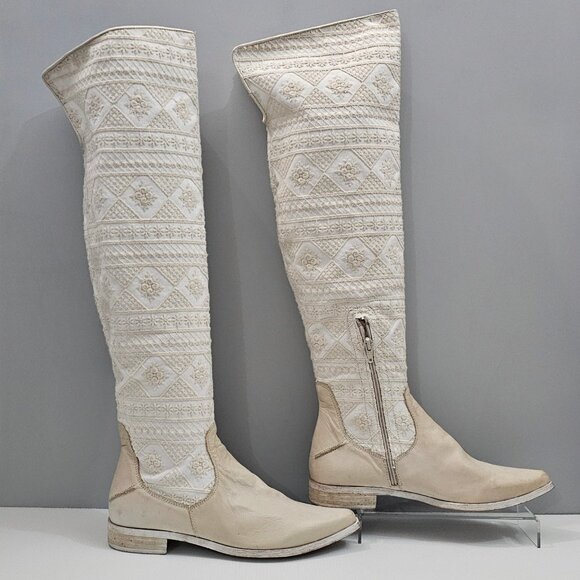 Free People Bren Knee High Boot Womens EU 39 Cream Embroidered Boho Slouchy - Picture 3 of 16